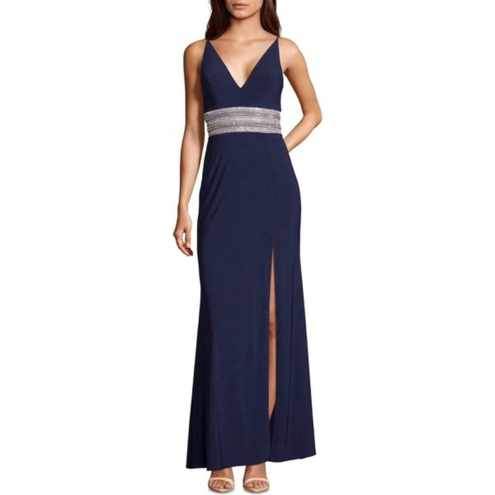 Xscape Beaded Plunge Gown - Navy & Silver